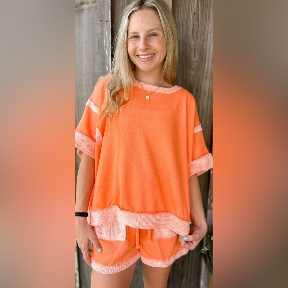 J Her Oversize Banded Top and LoopTerry Pocket Short Set- Orange